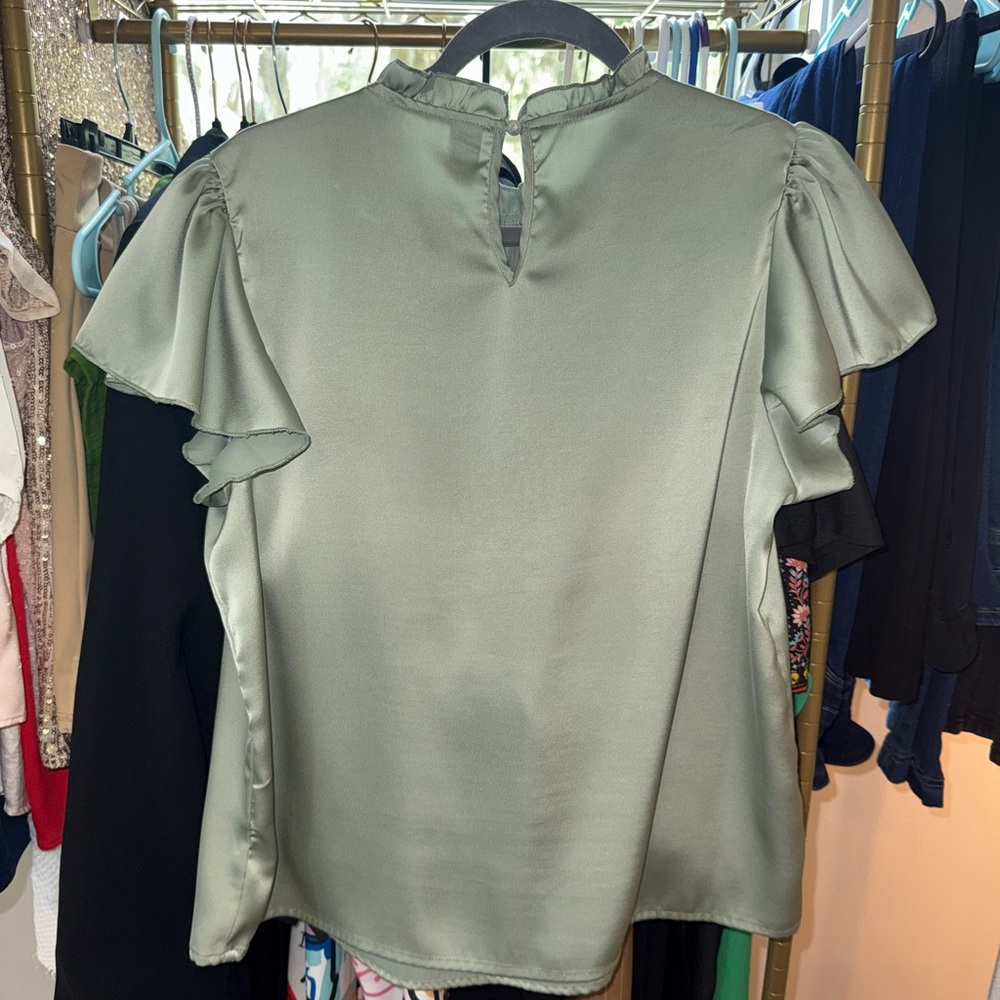 Green Ruffled Blouse with Elastic Neckline - Picture 2 of 3